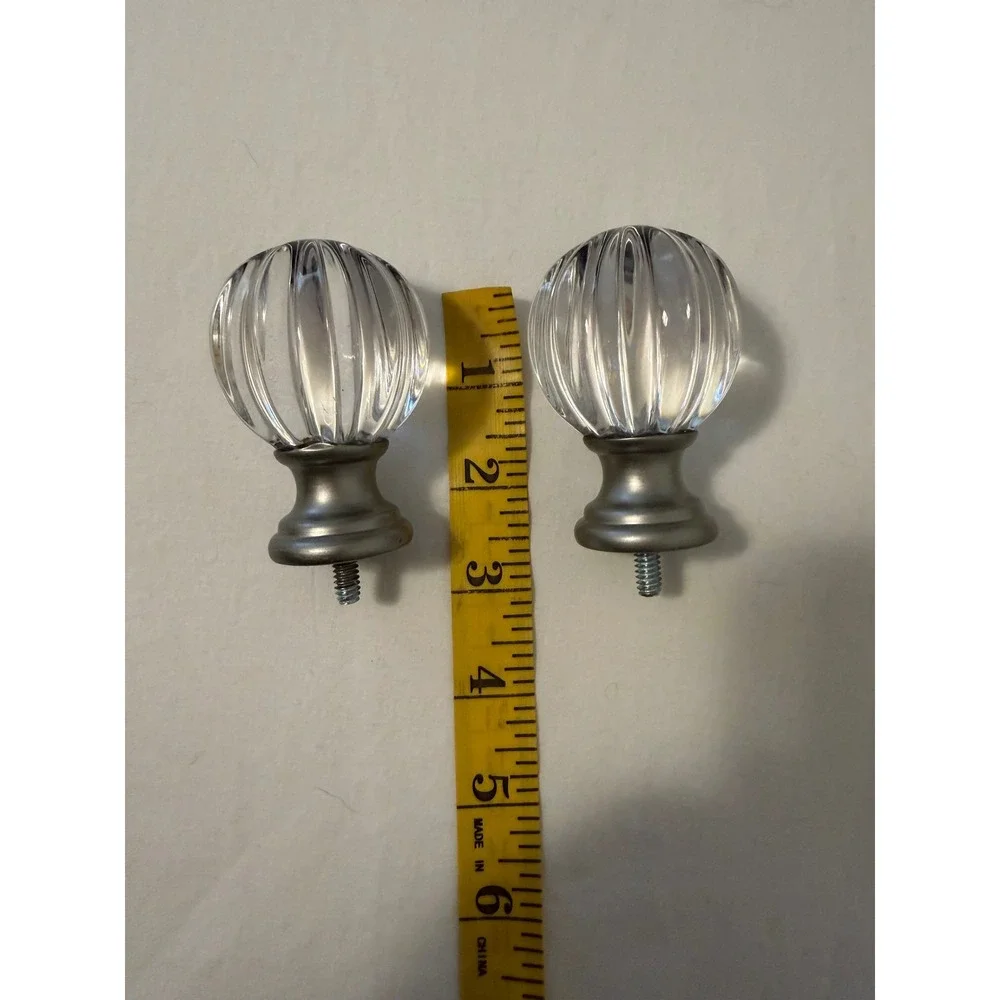 Set of 2 Clear Fluted Plastic Curtain Rod Finials Ribbed Sphere Silver Base